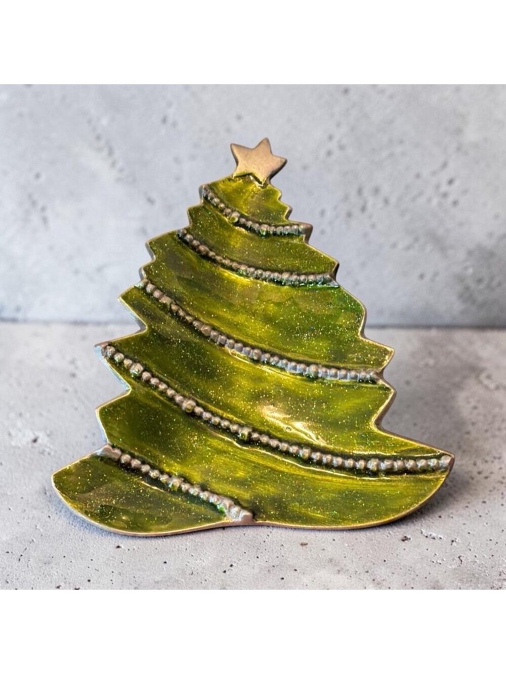 Pewter Green Enamel Beaded Garland Christmas Tree Candy Serving Dish Tray